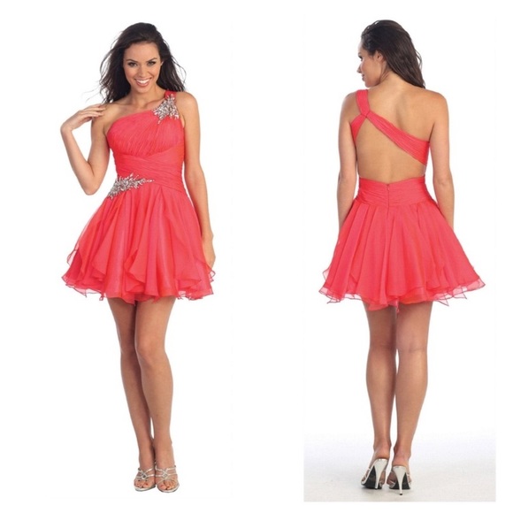 Hannah S Salmon Pink Coral Chiffon Embossed One-shoulder Prom Party Dress 10 Y2K - Picture 4 of 16